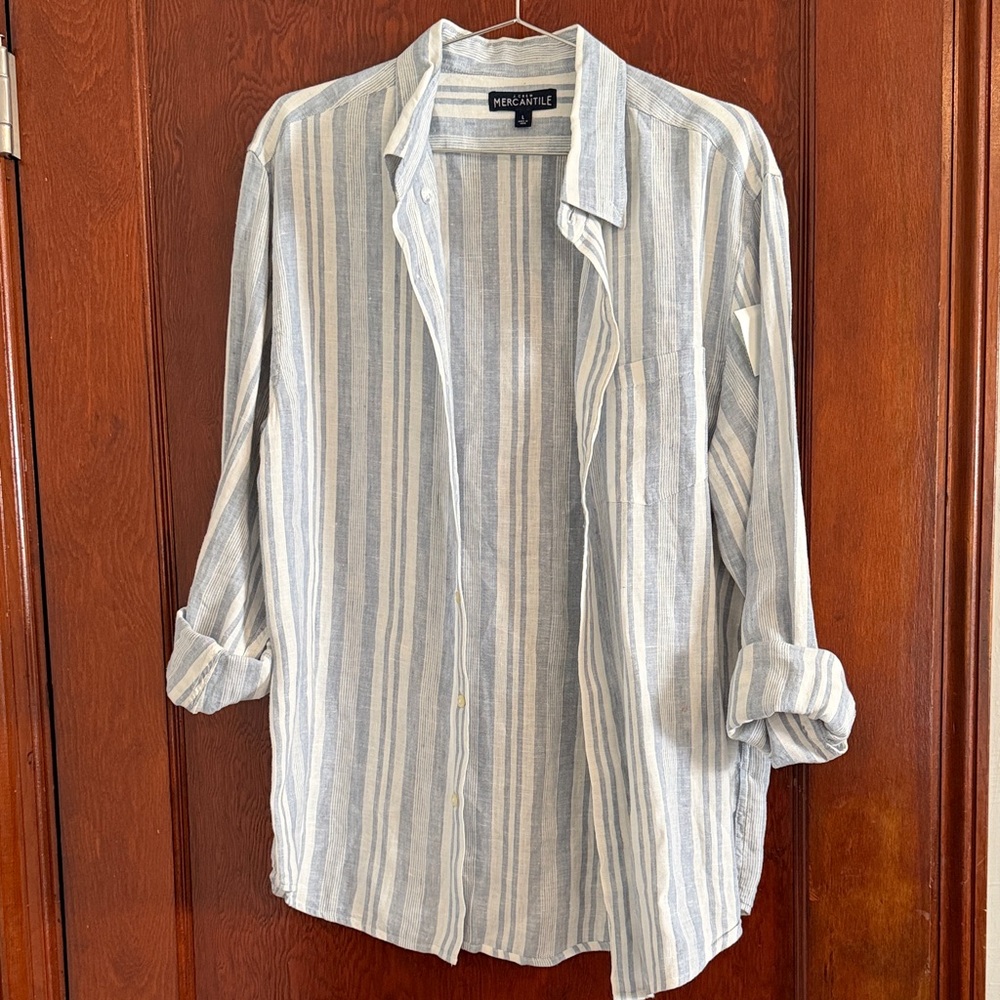 J Crew Mercantile Linen Men's Blue and White Striped Button-Up Shirt